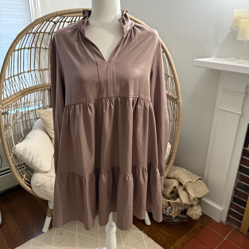 En Saison Ruffle Neck Tiered Long Sleeve Mini Dress Mauve Pink Size M